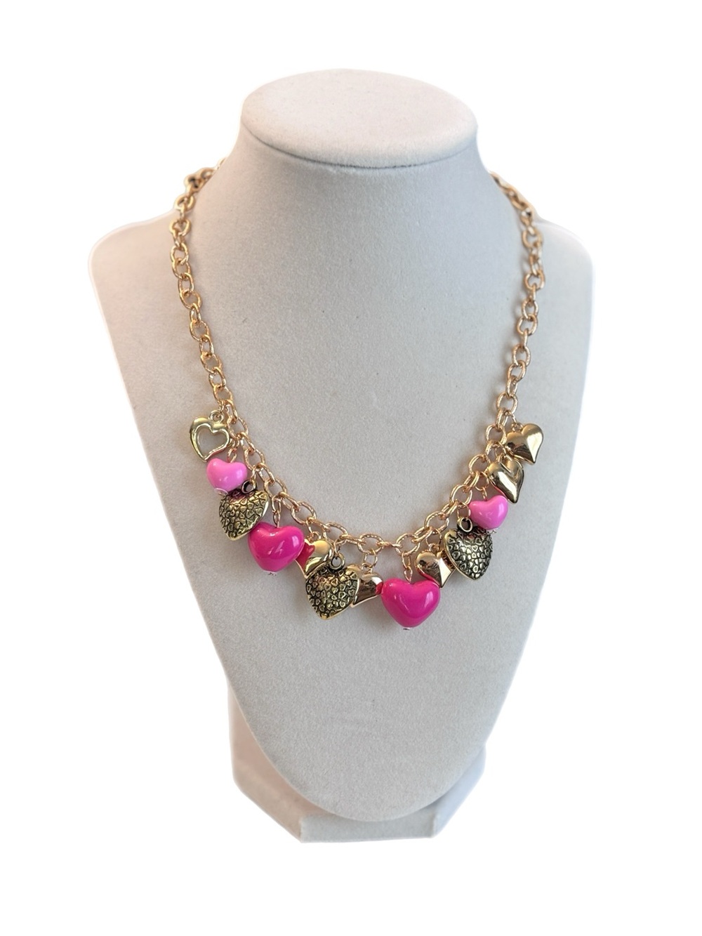 Pink and Mauve Heart Charms  with Gold Chain Link Necklace
